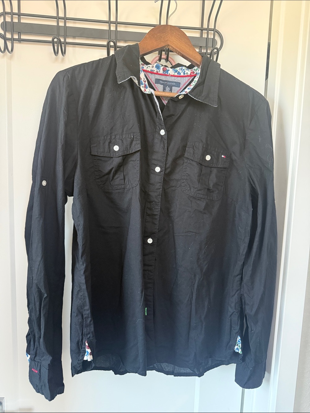 Tommy Hilfiger Black Shirt with Blue & Red Floral Trim